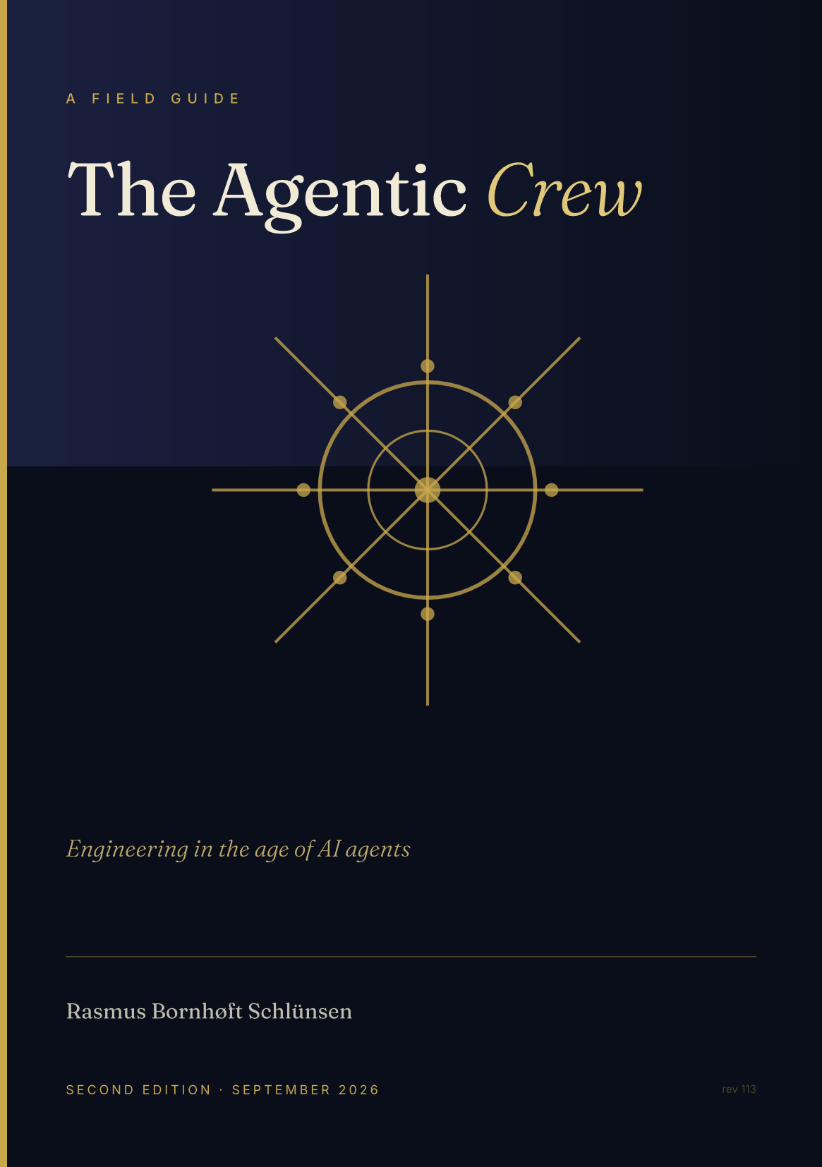 The Agentic Crew, second edition — book cover with a gold ship's helm on midnight blue