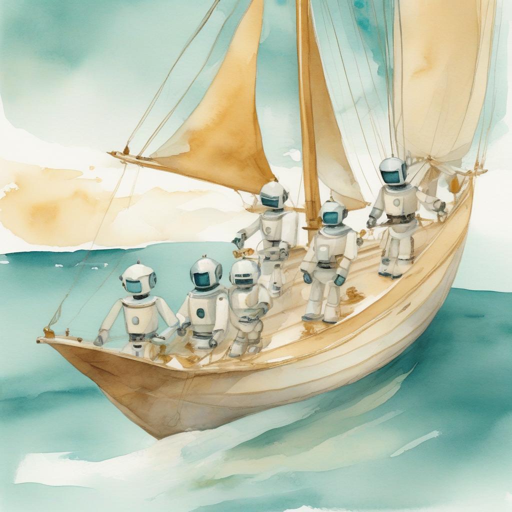 Robot crew working together on a ship