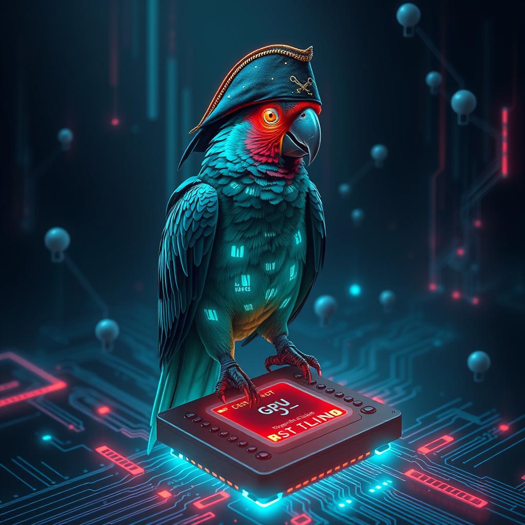 Polly — cyberpunk pirate parrot perched on a GPU